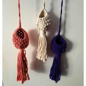 Handcrafted Macramé Air Plant Hanger Pod Set Of 3 White Purple Mauve Boho Hippie